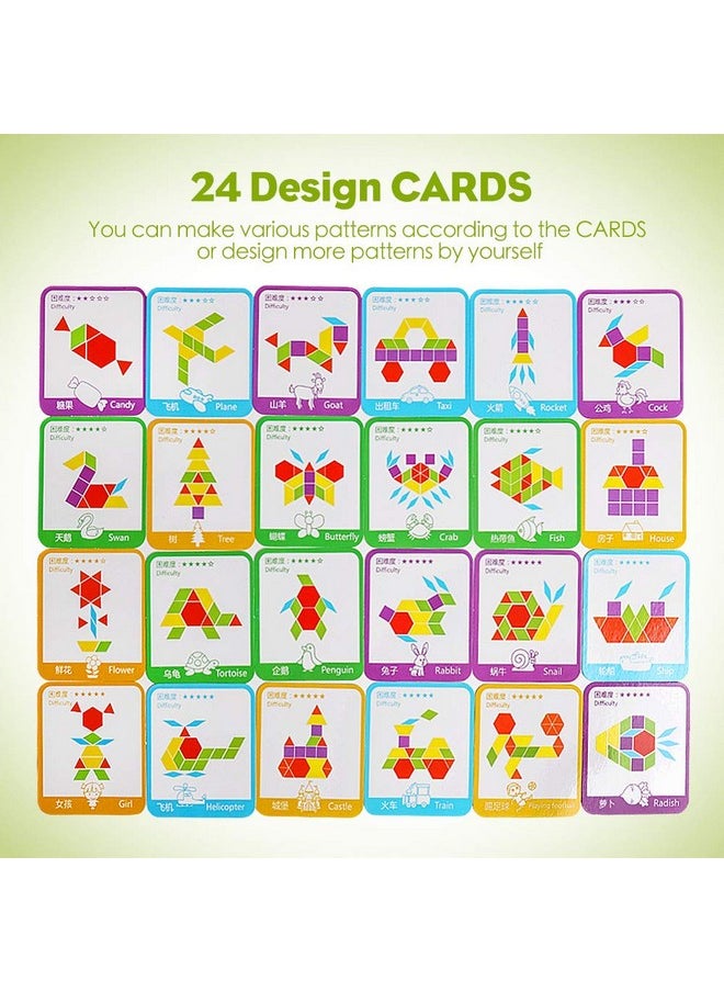 Wooden Pattern Blocks Set 155 Pcs Geometric Shape Puzzle Kindergarten Tangram Brain Teasers Early Educational Montessori For Kids Ages 3-8 With 24 Pcs Design Cards