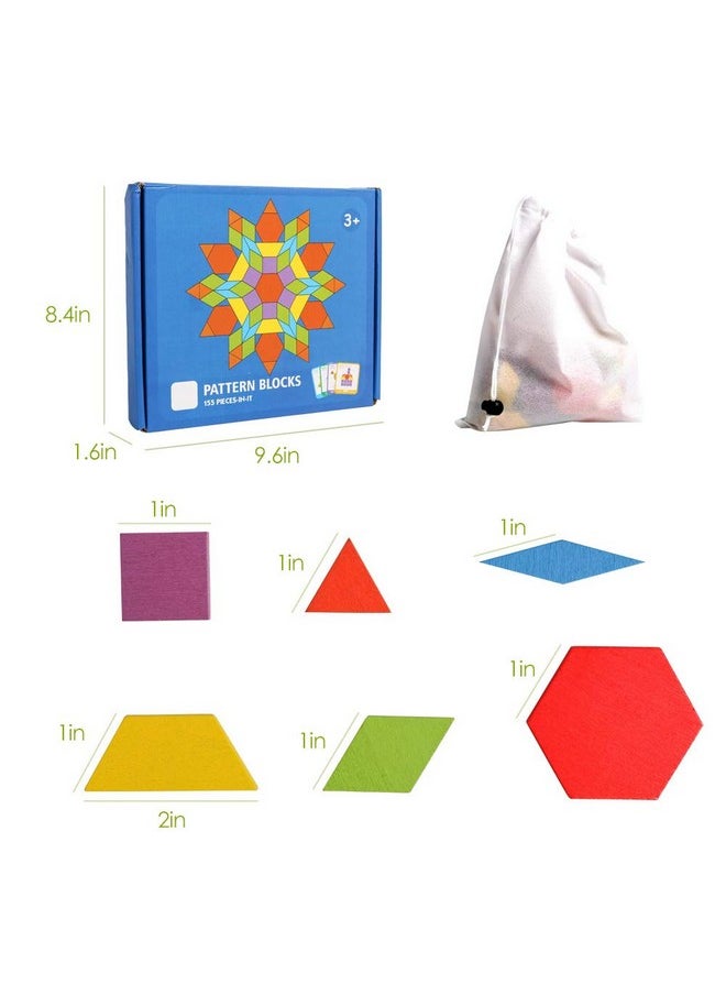 Wooden Pattern Blocks Set 155 Pcs Geometric Shape Puzzle Kindergarten Tangram Brain Teasers Early Educational Montessori For Kids Ages 3-8 With 24 Pcs Design Cards