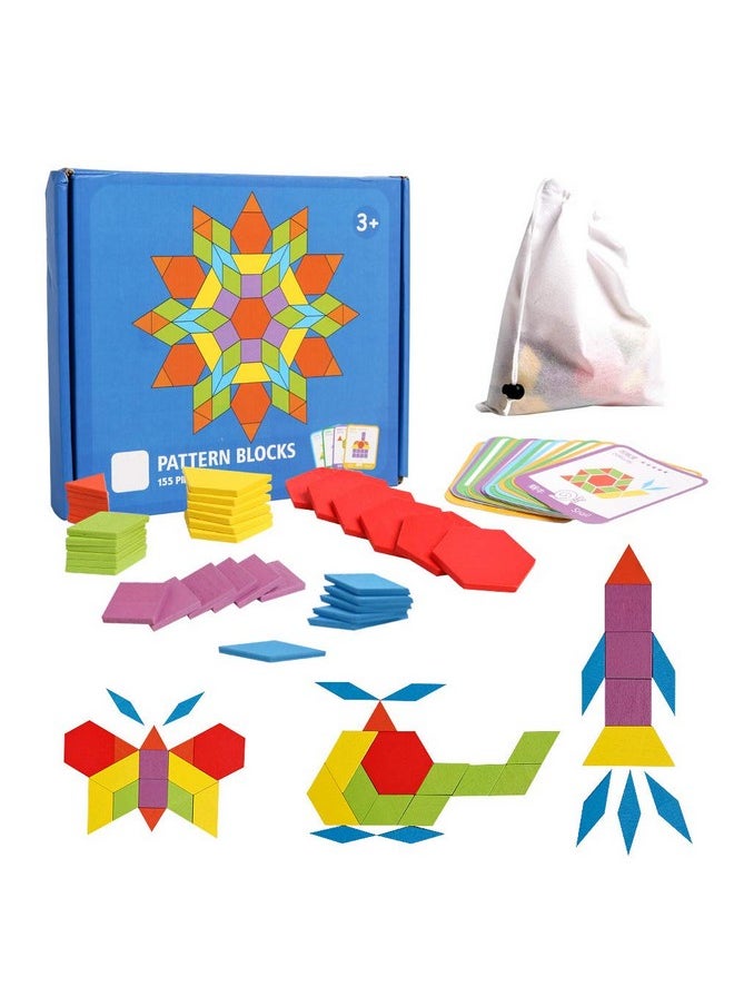 Wooden Pattern Blocks Set 155 Pcs Geometric Shape Puzzle Kindergarten Tangram Brain Teasers Early Educational Montessori For Kids Ages 3-8 With 24 Pcs Design Cards