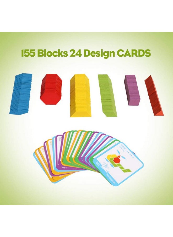 Wooden Pattern Blocks Set 155 Pcs Geometric Shape Puzzle Kindergarten Tangram Brain Teasers Early Educational Montessori For Kids Ages 3-8 With 24 Pcs Design Cards