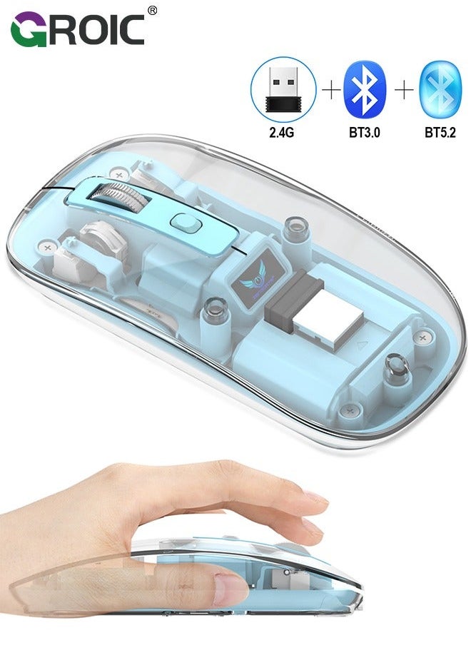 Blue Wireless Mouse, Bluetooth & USB 2.4GHz Mini Lightweight Rechargeable Computer Mice, Ergonomic Design, Ambidextrous, Adjustable DPI, Transparent, Soundless