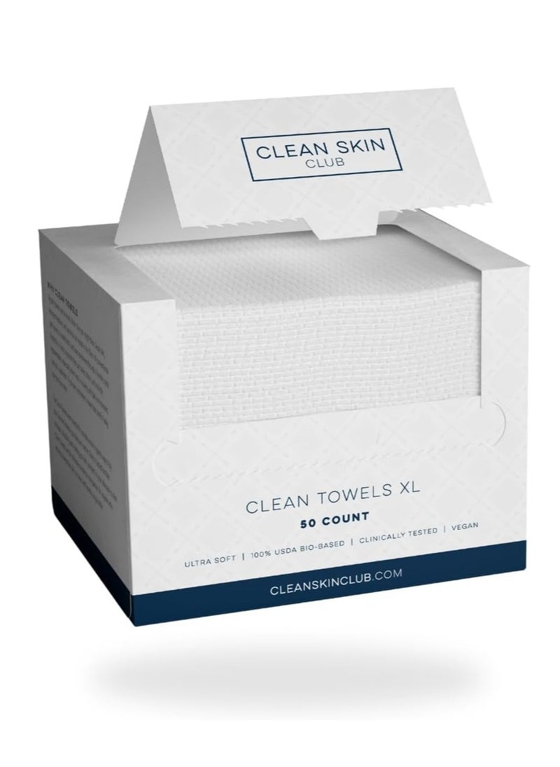 CLEAN SKIN CLUB CSC CT Clean Towels XL/World's First Biodegradable Face Towel/Disposable Makeup Removal Wipes/Super Soft 50 Count Single BoxWhite