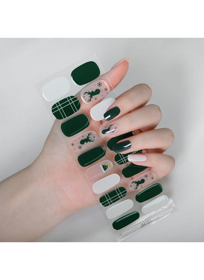 Christmas Semi Cured Gel Nail Strips, Snowflake Winter Gel Nail Stickers Long Lasting Cute Green Glitter Reindeer Santa Hat Holiday Semicured Uv Nail Wraps Uv Light Required For Women Girls(20Pcs)
