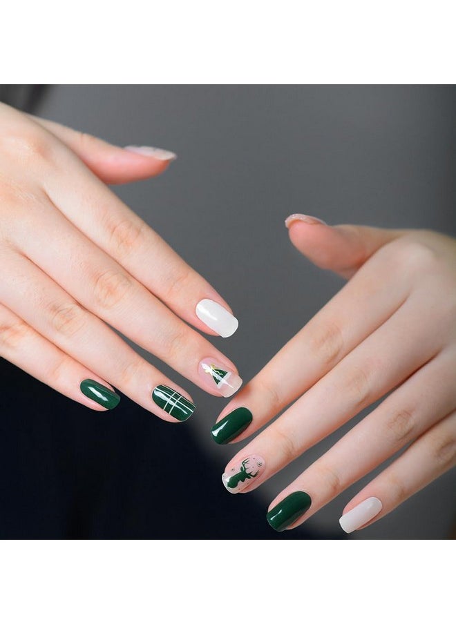 Christmas Semi Cured Gel Nail Strips, Snowflake Winter Gel Nail Stickers Long Lasting Cute Green Glitter Reindeer Santa Hat Holiday Semicured Uv Nail Wraps Uv Light Required For Women Girls(20Pcs)