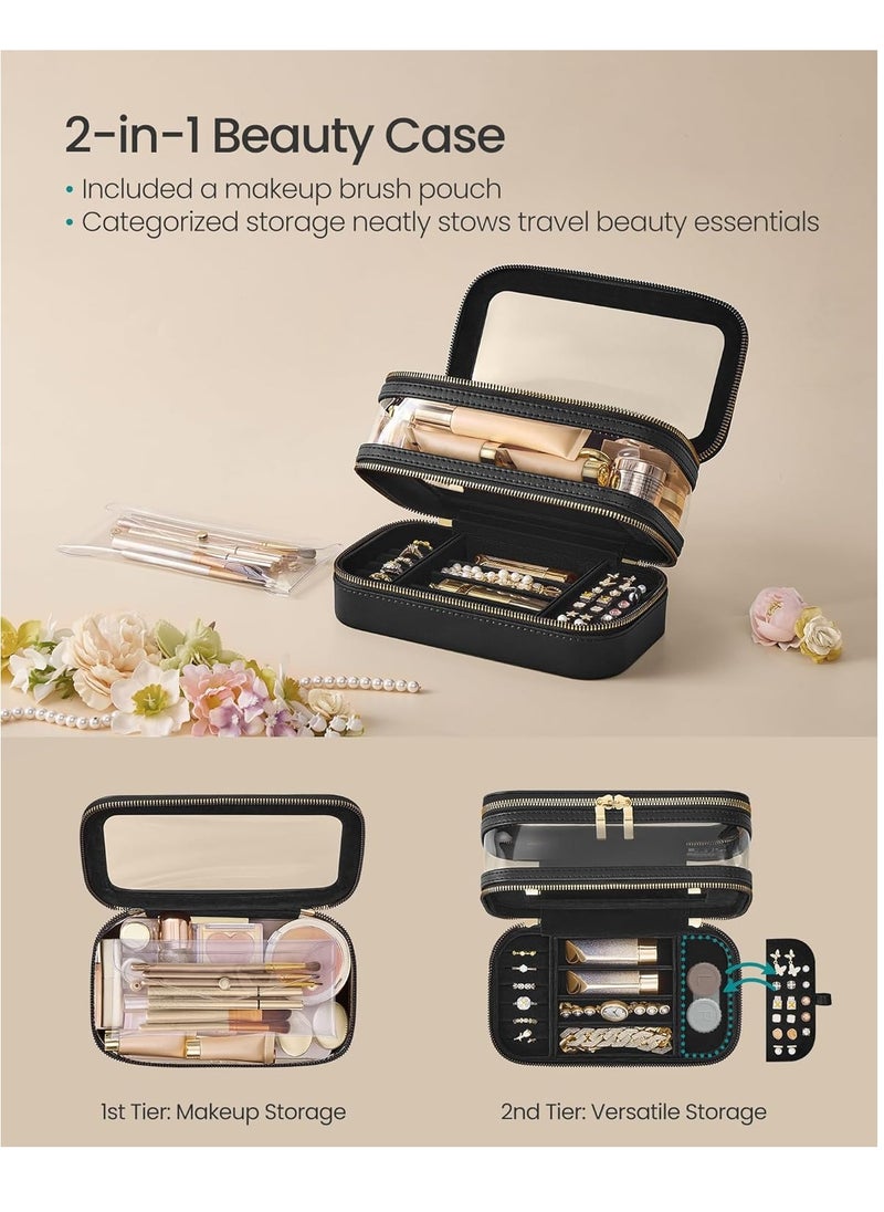 SONGMICS Makeup Bag with Mirror, with Jewelry Storage, Travel Makeup Bag, with Separate Brush Storage Pouch, Transparent Window, 8.7 x 4.7 x 4.7 Inches, Gift Idea, Ink Black UJKA026B01