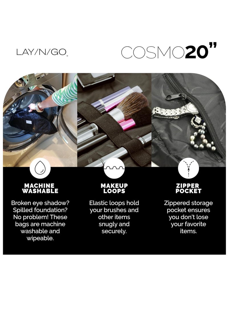 Lay-n-Go Cosmo Drawstring Cosmetic & Makeup Bag Organizer - Portable Drawstring Makeup Bag w/Zipper Pocket, Makeup Loops & More - Durable, Machine Washable Makeup Bag for Travel (20”, Black)