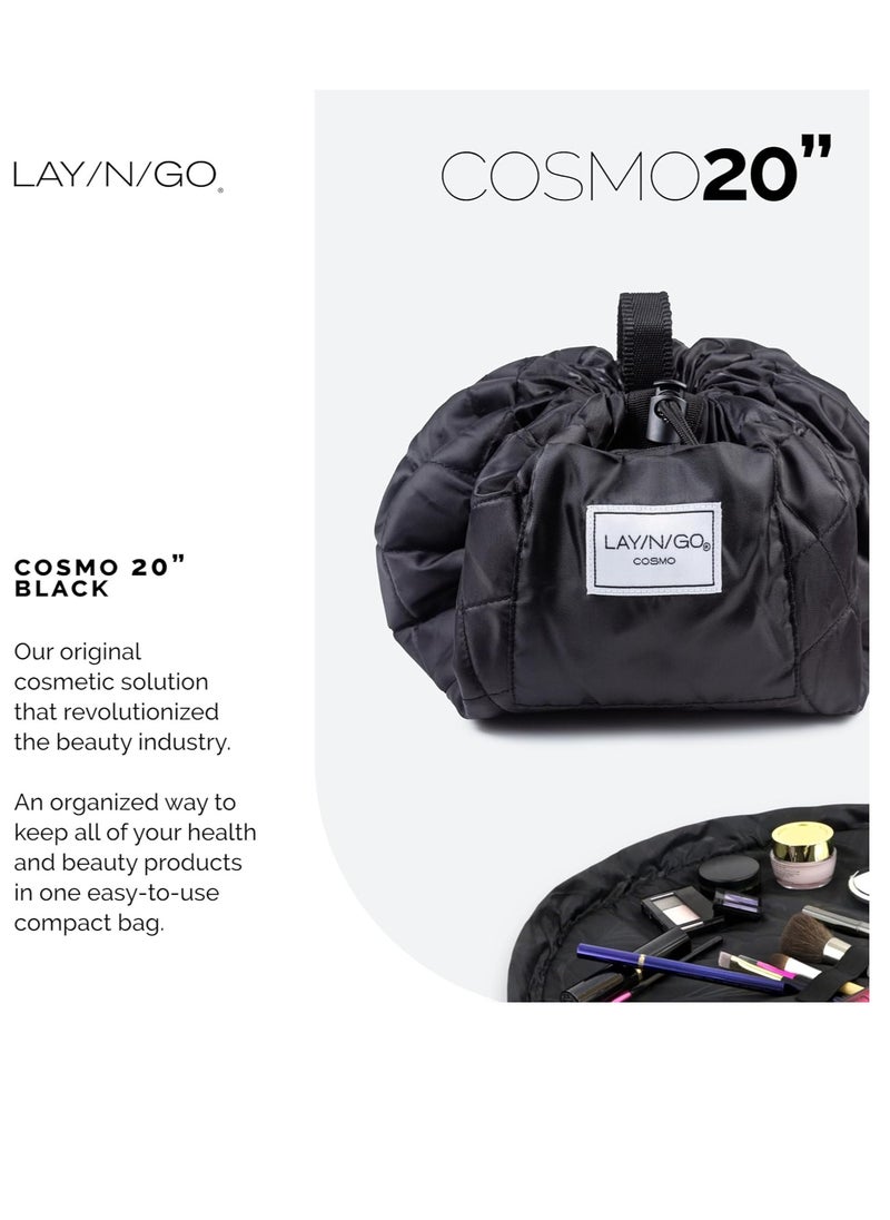 Lay-n-Go Cosmo Drawstring Cosmetic & Makeup Bag Organizer - Portable Drawstring Makeup Bag w/Zipper Pocket, Makeup Loops & More - Durable, Machine Washable Makeup Bag for Travel (20”, Black)