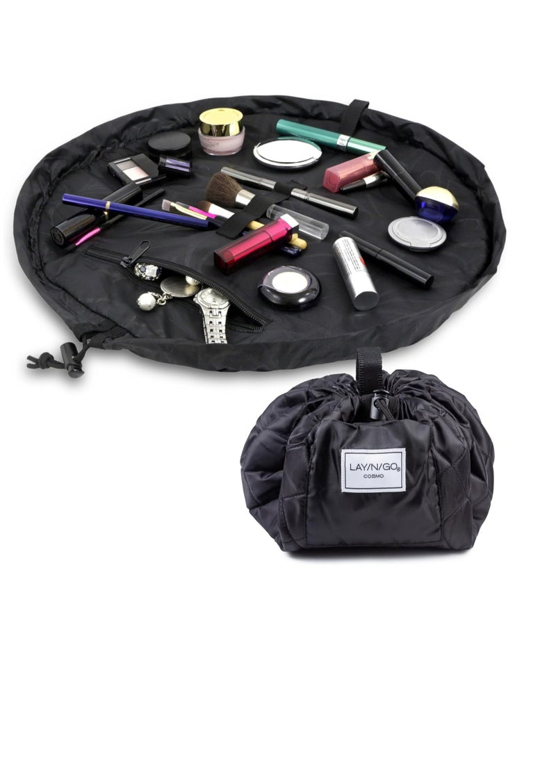 Lay-n-Go Cosmo Drawstring Cosmetic & Makeup Bag Organizer - Portable Drawstring Makeup Bag w/Zipper Pocket, Makeup Loops & More - Durable, Machine Washable Makeup Bag for Travel (20”, Black)