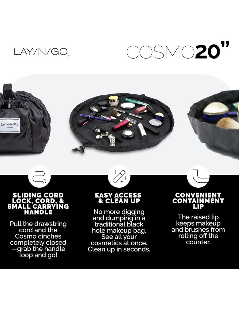 Lay-n-Go Cosmo Drawstring Cosmetic & Makeup Bag Organizer - Portable Drawstring Makeup Bag w/Zipper Pocket, Makeup Loops & More - Durable, Machine Washable Makeup Bag for Travel (20”, Black)