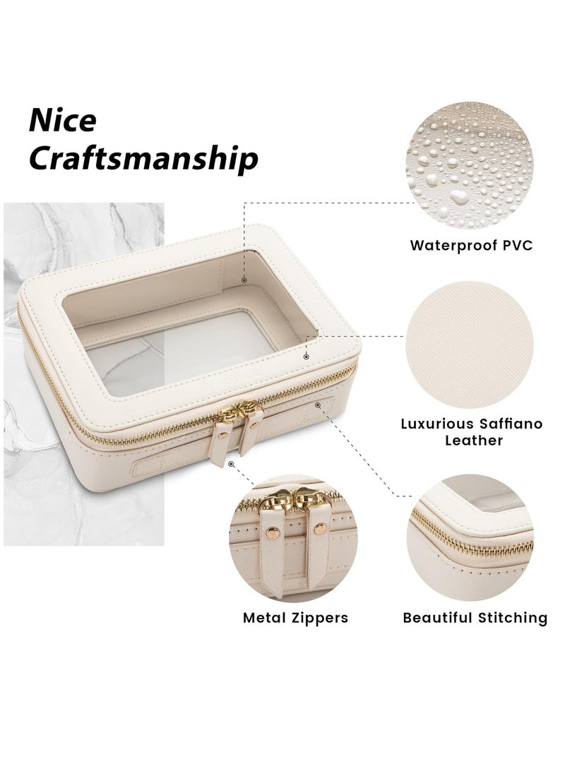Aveniee Clear Makeup Bag, Travel Cosmetic Case Toiletry Bag, Heavy Duty Make up Organizer for Women, Portable Car Organizer Bag with Clear Windows & Gold Zippers(White)