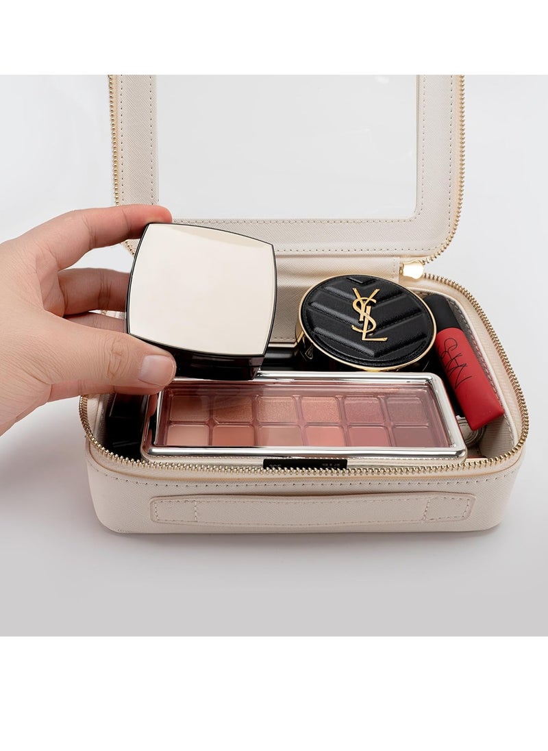 Aveniee Clear Makeup Bag, Travel Cosmetic Case Toiletry Bag, Heavy Duty Make up Organizer for Women, Portable Car Organizer Bag with Clear Windows & Gold Zippers(White)