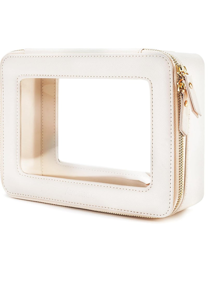 Aveniee Clear Makeup Bag, Travel Cosmetic Case Toiletry Bag, Heavy Duty Make up Organizer for Women, Portable Car Organizer Bag with Clear Windows & Gold Zippers(White)