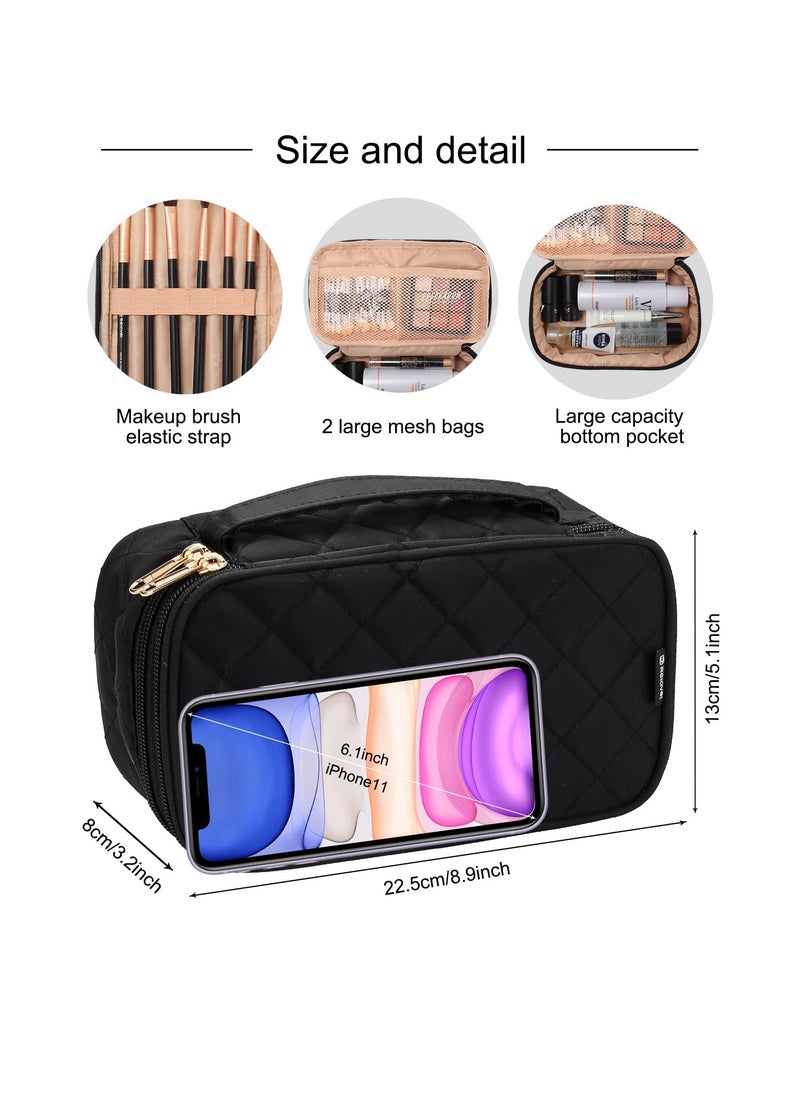 Relavel Makeup Bag, Small Makeup Bag for Women, Travel Cosmetic Bag, 2 Layers Waterproof Makeup Organizer Storage with Makeup Brush Holder, Black