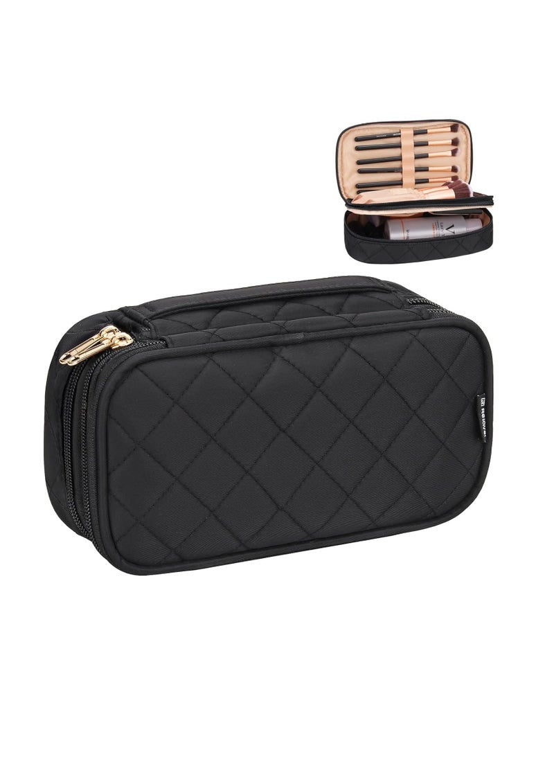 Relavel Makeup Bag, Small Makeup Bag for Women, Travel Cosmetic Bag, 2 Layers Waterproof Makeup Organizer Storage with Makeup Brush Holder, Black