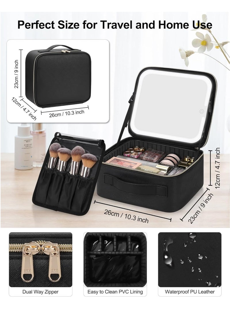 Chomeiu Makeup Bag with LED Mirror, Travel Makeup Case for Women and Makeup Artists Cosmetic Organizer Large Make Up Bags with Light Up Mirror, 3 Color Lights, Adjustable Dividers and Brush Holder