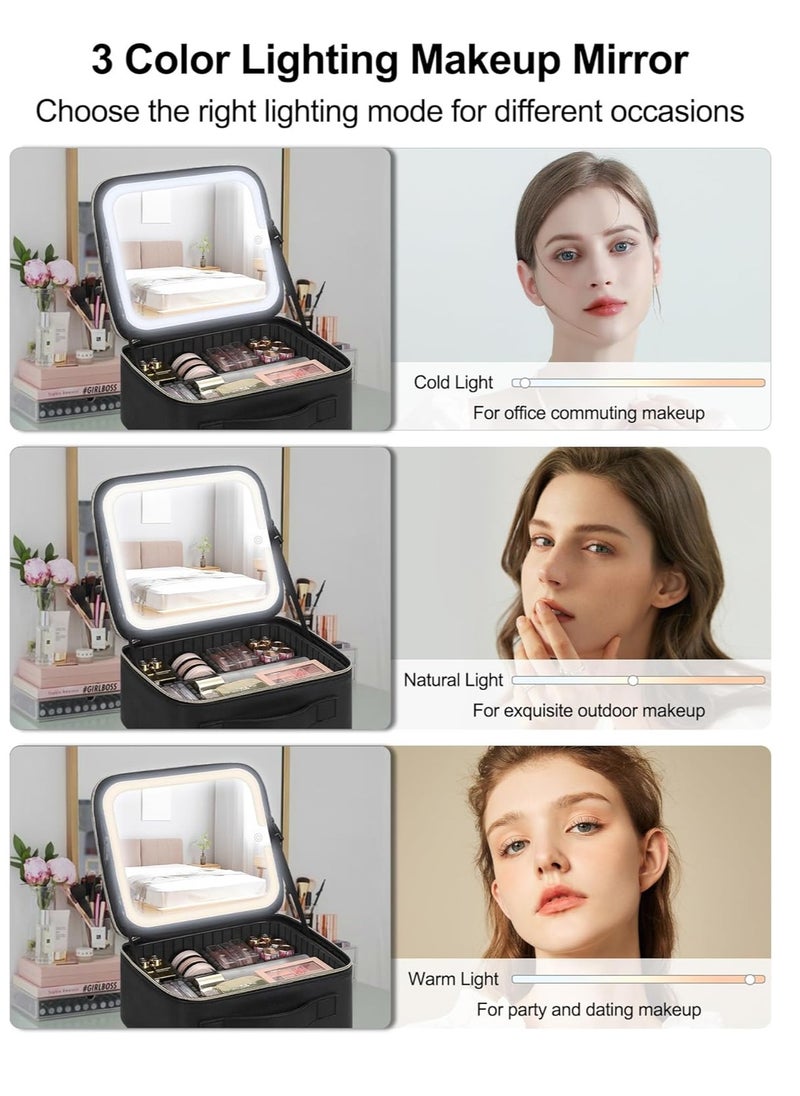 Chomeiu Makeup Bag with LED Mirror, Travel Makeup Case for Women and Makeup Artists Cosmetic Organizer Large Make Up Bags with Light Up Mirror, 3 Color Lights, Adjustable Dividers and Brush Holder