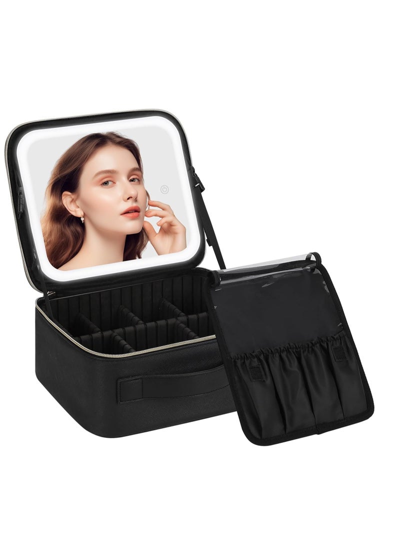 Chomeiu Makeup Bag with LED Mirror, Travel Makeup Case for Women and Makeup Artists Cosmetic Organizer Large Make Up Bags with Light Up Mirror, 3 Color Lights, Adjustable Dividers and Brush Holder