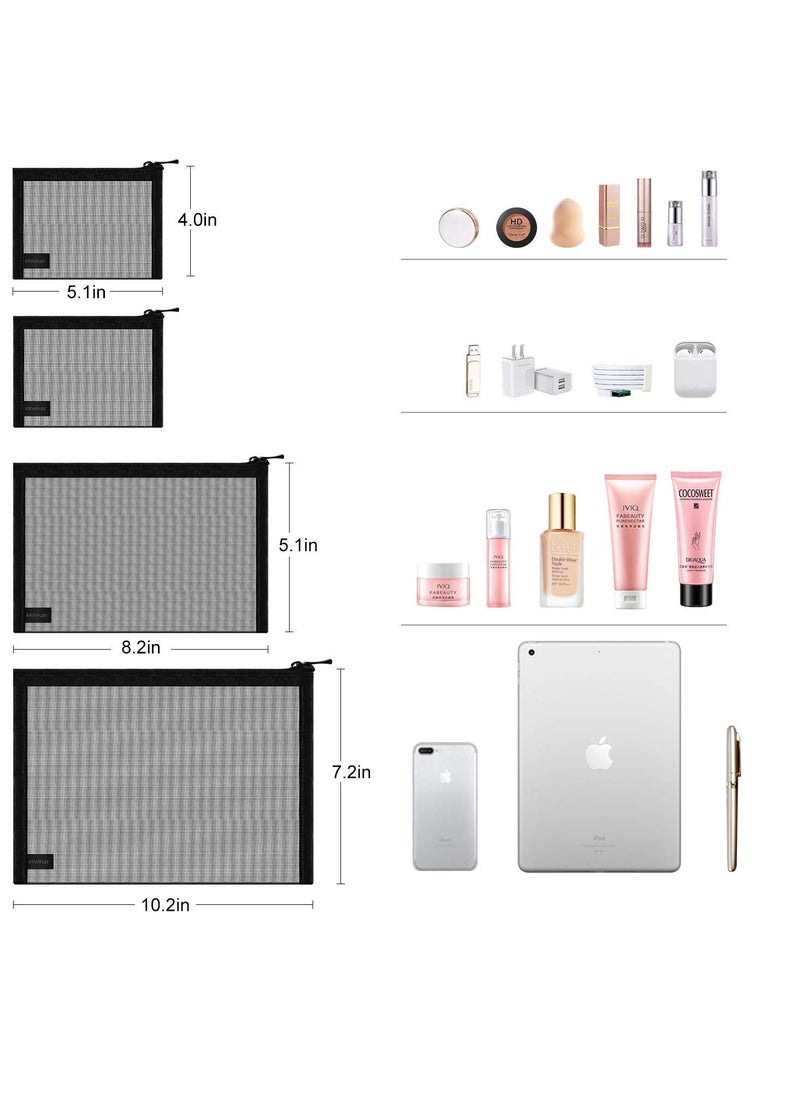 EASYFUN Mesh Pouch, Make up Bag with Zipper Cosmetic Organizer Pouch for Daily or Travel to Keep Small Items, 4 PCS Black