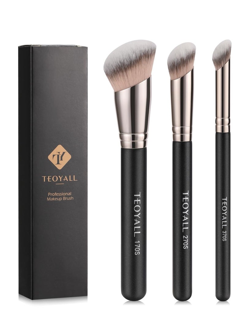 TEOYALL Foundation Contour Conceal Brush Set, 3PCS Angled Synthetic Kabuki Brush for Blending Setting Buffing with Liquid, Cream and Powder Cosmetic (170S/270S/370S)