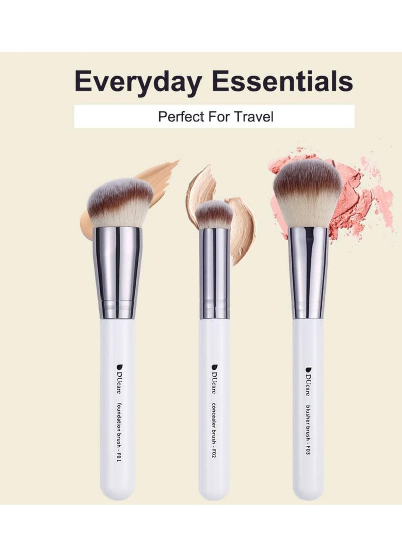 DUcare Makeup Brushes 3Pcs Foundation Contour Brush& Concealer Brush& Blusher Brush Face Kabuki Blush Bronzer Travel Buffing Stippling Contour Liquid Blending Makeup brush set White