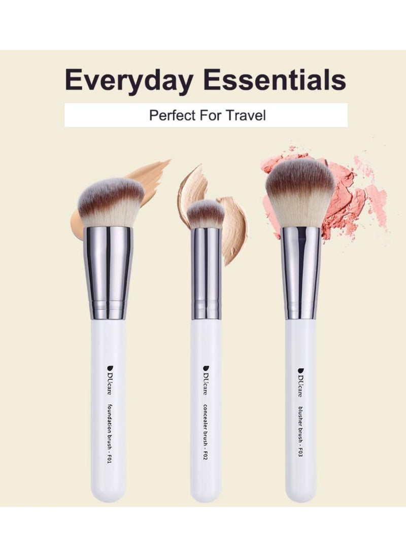 DUcare Makeup Brushes 3Pcs Foundation Contour Brush& Concealer Brush& Blusher Brush Face Kabuki Blush Bronzer Travel Buffing Stippling Contour Liquid Blending Makeup brush set White