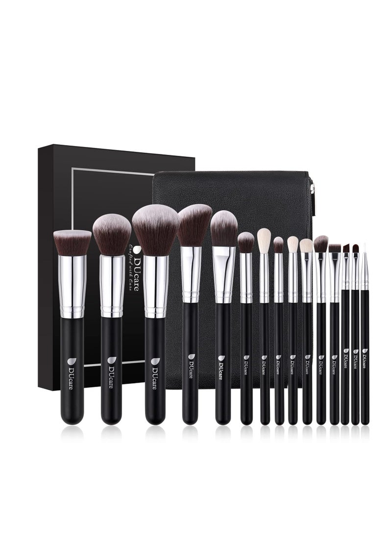 DUcare Makeup Brushes with Bag,15Pcs Makeup Brush Set Christmas Gift Travel Kabuki Foundation Blending Blush Eyeliner Shadow Brow Concealer Brushes Kit Black