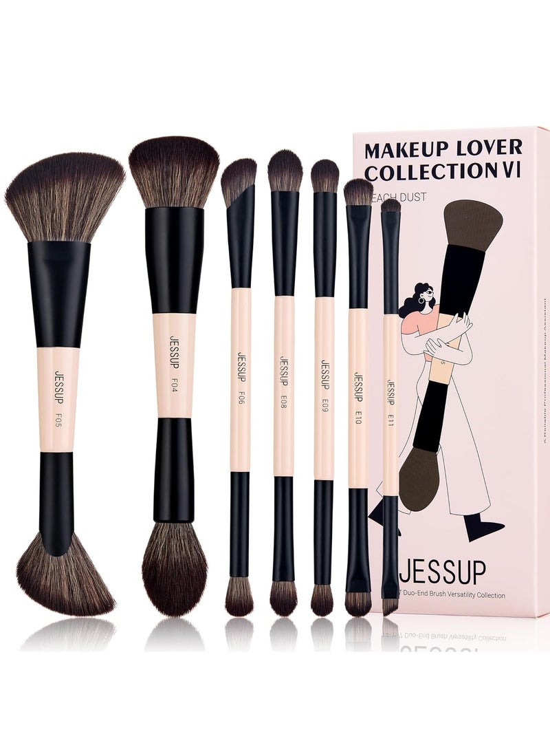 Jessup Makeup Brushes Set 7pcs Double Sided Makeup Brushes for Foundation Concealer Blush Eyeshadow Contour Bronzer Powder Blending Eyebrow Eyeliner, Cruelty-Free Make up Brushes Peach Dust T600