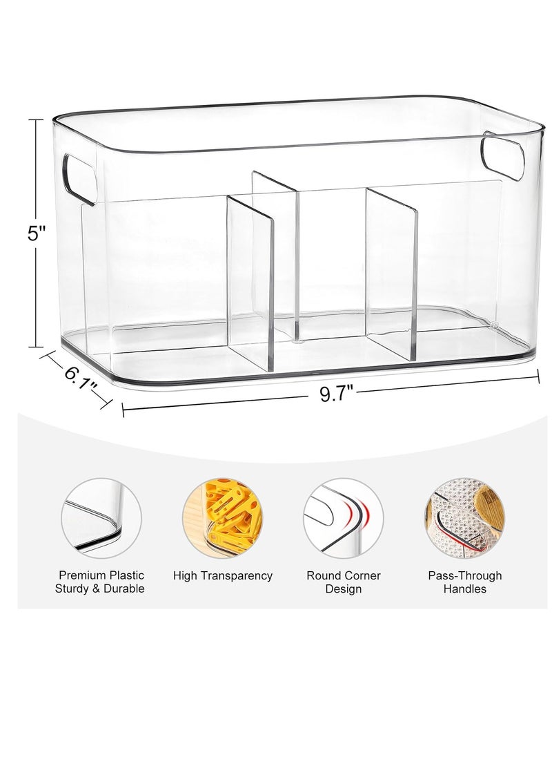 5-Compartment Clear Plastic Bin - Divided Art Supplies, Cosmetic Makeup Caddy Organizer - Multiuse Storage Container for Vanity, Bathroom, Kitchen, Office, Craft, Shower, Cleaning Items, (1 Pack)