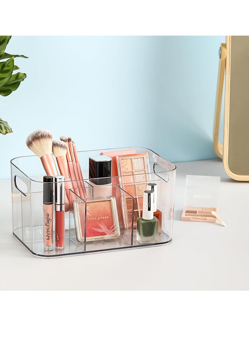 5-Compartment Clear Plastic Bin - Divided Art Supplies, Cosmetic Makeup Caddy Organizer - Multiuse Storage Container for Vanity, Bathroom, Kitchen, Office, Craft, Shower, Cleaning Items, (1 Pack)