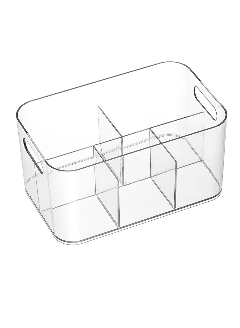 5-Compartment Clear Plastic Bin - Divided Art Supplies, Cosmetic Makeup Caddy Organizer - Multiuse Storage Container for Vanity, Bathroom, Kitchen, Office, Craft, Shower, Cleaning Items, (1 Pack)