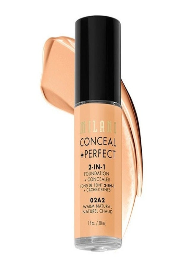 Milani Cosmetics Conceal + Perfect 2-In-1 Foundation + Concealer 02A2 Warm Natural Light - With Warm Peach Undertone 30ml