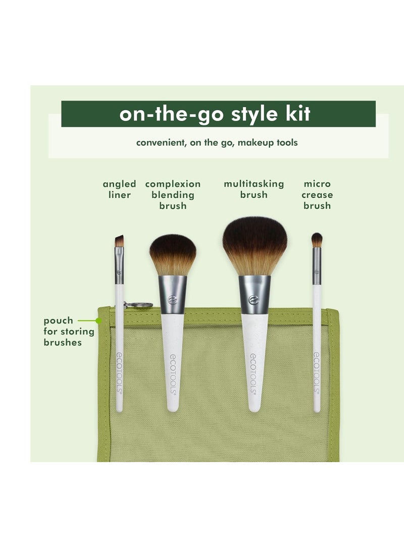 EcoTools On-The-Go Makeup Brush Kit, Travel-Friendly Brush Set, Mini-Size Makeup Tools for Powders, Blush, Bronzer, & Eyeshadows, Eco-Friendly, Synthetic Bristles, Cruelty-Free & Vegan, 5 Piece Set