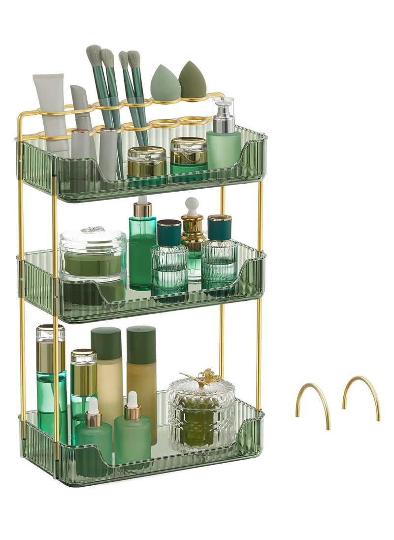 SONGMICS Makeup Organizer, 3-Tier Skincare Organizer Countertop, Customizable, 2 Types of Accessories, Jewelry Holder, for Vanity, Bedroom, Bathroom, Pale Green UJKA013C01