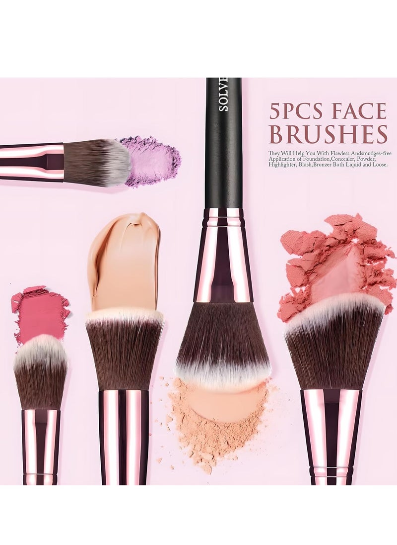 Makeup Brushes, SOLVE 16Pcs Makeup Brush Set, Premium Synthetic Fiber Make up Brushes for Foundation Powder Concealers Eyeshadow Eyeliner, Professional Brush Set Make up with Black Case（Black&Pink）