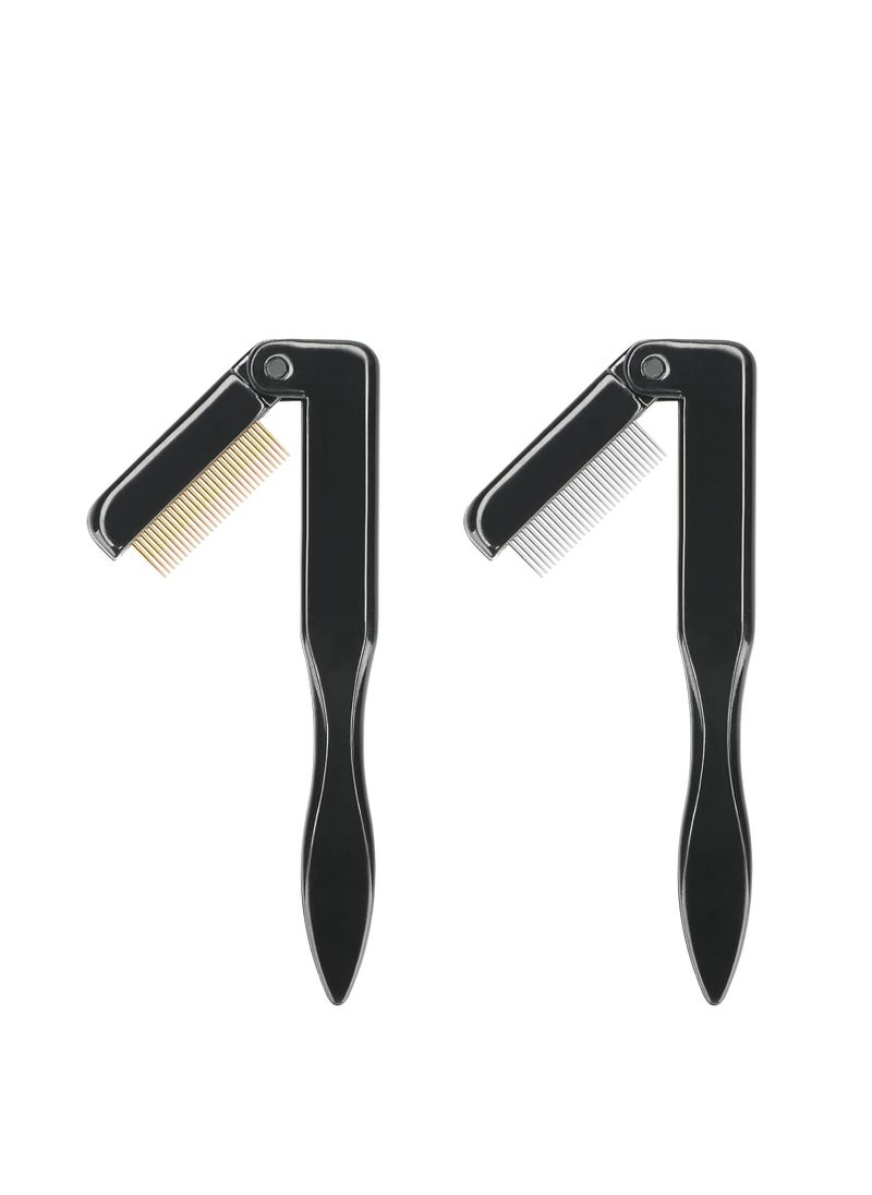 G2PLUS 2PCS Folding Eyelash Comb, Eyelash Separator Tool, Black Eyebrow Comb Metal Teeth, Eyelash Brush Tool for Lash & Brow