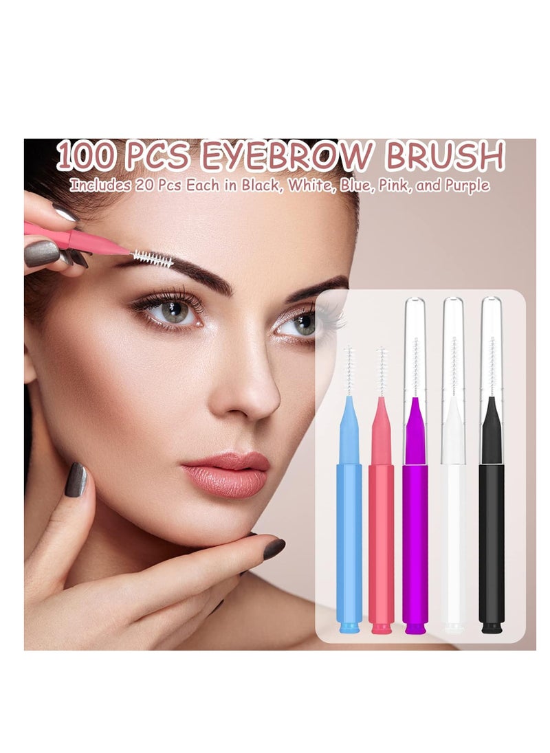 100Pcs Micro Eyebrow Brush, Eyelash Comb Brush with Cap, Multifunctional Brow Lamination Brush Eyebrow Spoolies for Eyebrows, Portable Brow Brushes for Eyebrows Eyelash Extensions Tool, 5 Colors