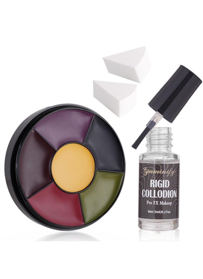 6 Color Bruise Wheel Body Paint ,Rigid Collodion With Brush, Halloween Bruise Special Effects Makeup Kit With 2 White Sponges Sfx Fake Scar Bruise Makeup Kit