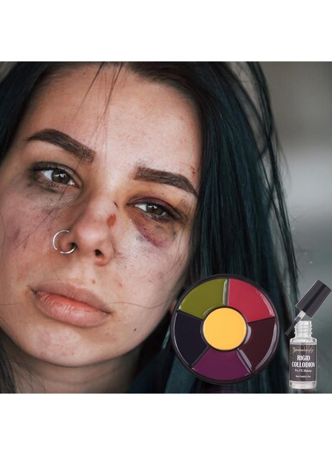 6 Color Bruise Wheel Body Paint ,Rigid Collodion With Brush, Halloween Bruise Special Effects Makeup Kit With 2 White Sponges Sfx Fake Scar Bruise Makeup Kit