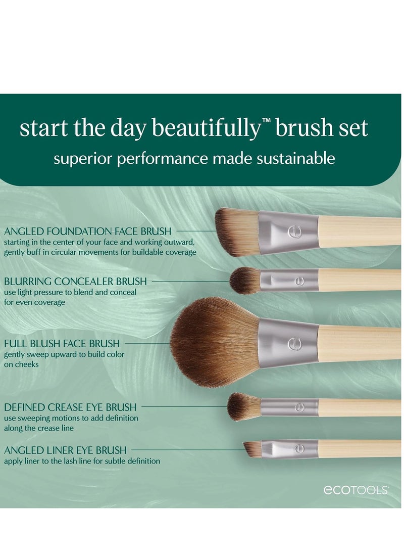 EcoTools Start The Day Beautifully 6 Piece Makeup Brush Set, Makeup Brushes For Eyeshadow, Blush, Concealer, & Foundation Application, Eco-Friendly, Gift Set, Synthetic Hair, Vegan & Cruelty-Free