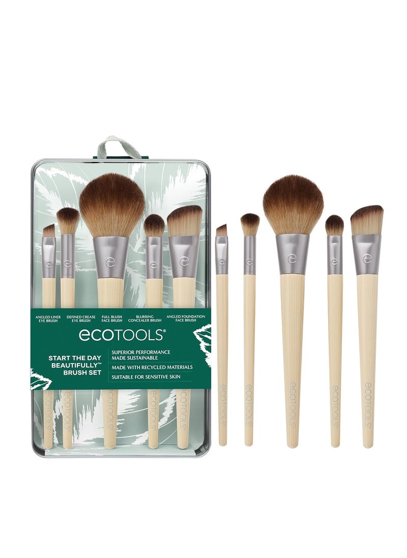 EcoTools Start The Day Beautifully 6 Piece Makeup Brush Set, Makeup Brushes For Eyeshadow, Blush, Concealer, & Foundation Application, Eco-Friendly, Gift Set, Synthetic Hair, Vegan & Cruelty-Free