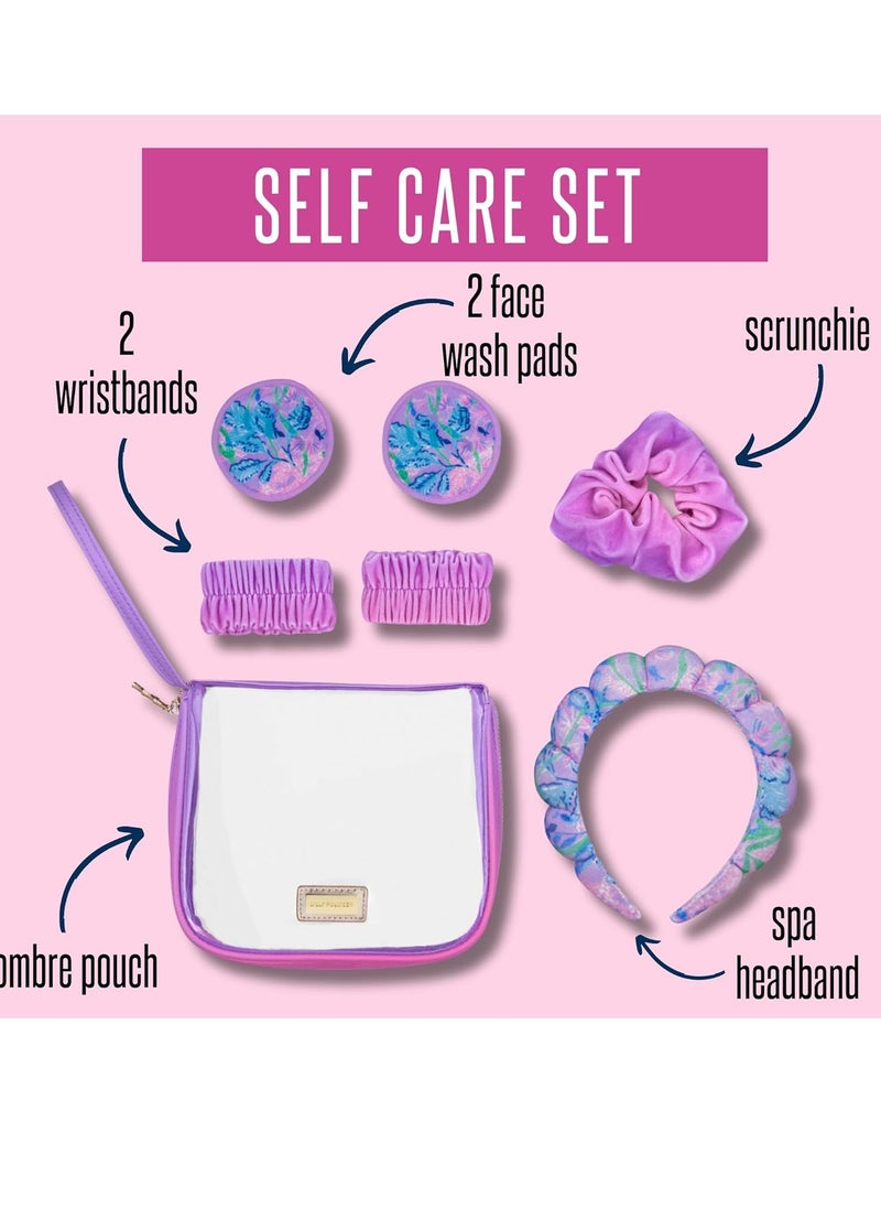 Lilly Pulitzer Self Care Kit, Spa Gift Set for Women with Spa Headband, 2 Face Wash Pads, 2 Wristbands, and Scrunchie, Secret Escape