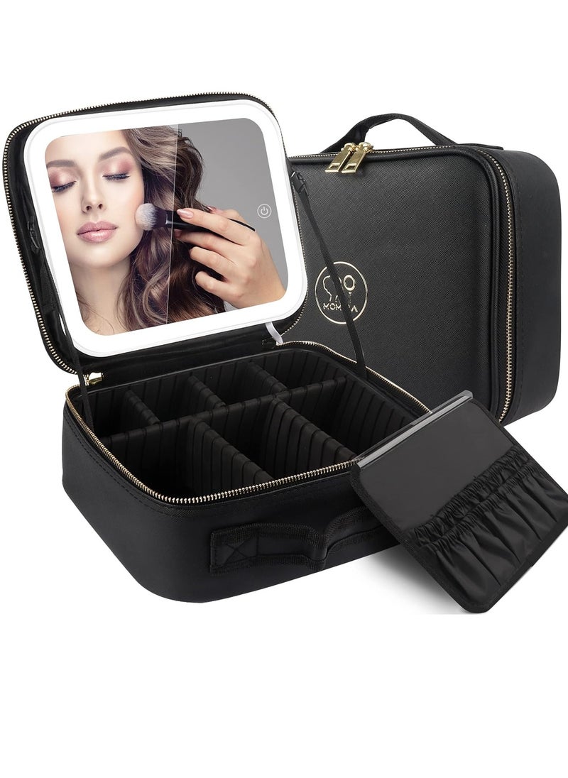 MOMIRA Makeup Bag with Mirror and Light Travel Makeup Train Case Cosmetic Organizer Portable Artist Storage Bag with Adjustable Dividers Makeup Brushes Storage Organizer Black