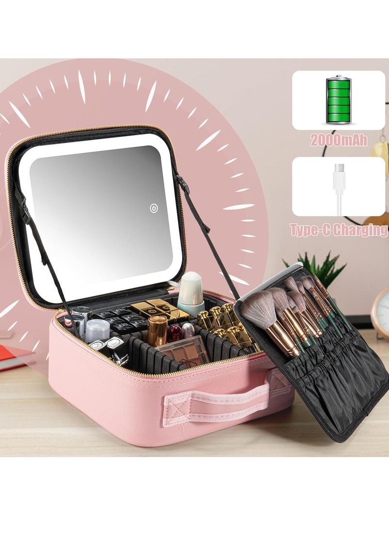 Makeup Travel Train Case with Mirror LED Light 3 Adjustable Brightness Cosmetic Bag Portable Storage Adjustable Partition Waterproof Makeup Brushes Makeup Jewelry Gift for Women