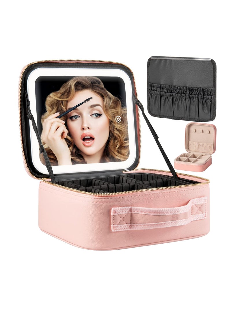 Makeup Travel Train Case with Mirror LED Light 3 Adjustable Brightness Cosmetic Bag Portable Storage Adjustable Partition Waterproof Makeup Brushes Makeup Jewelry Gift for Women