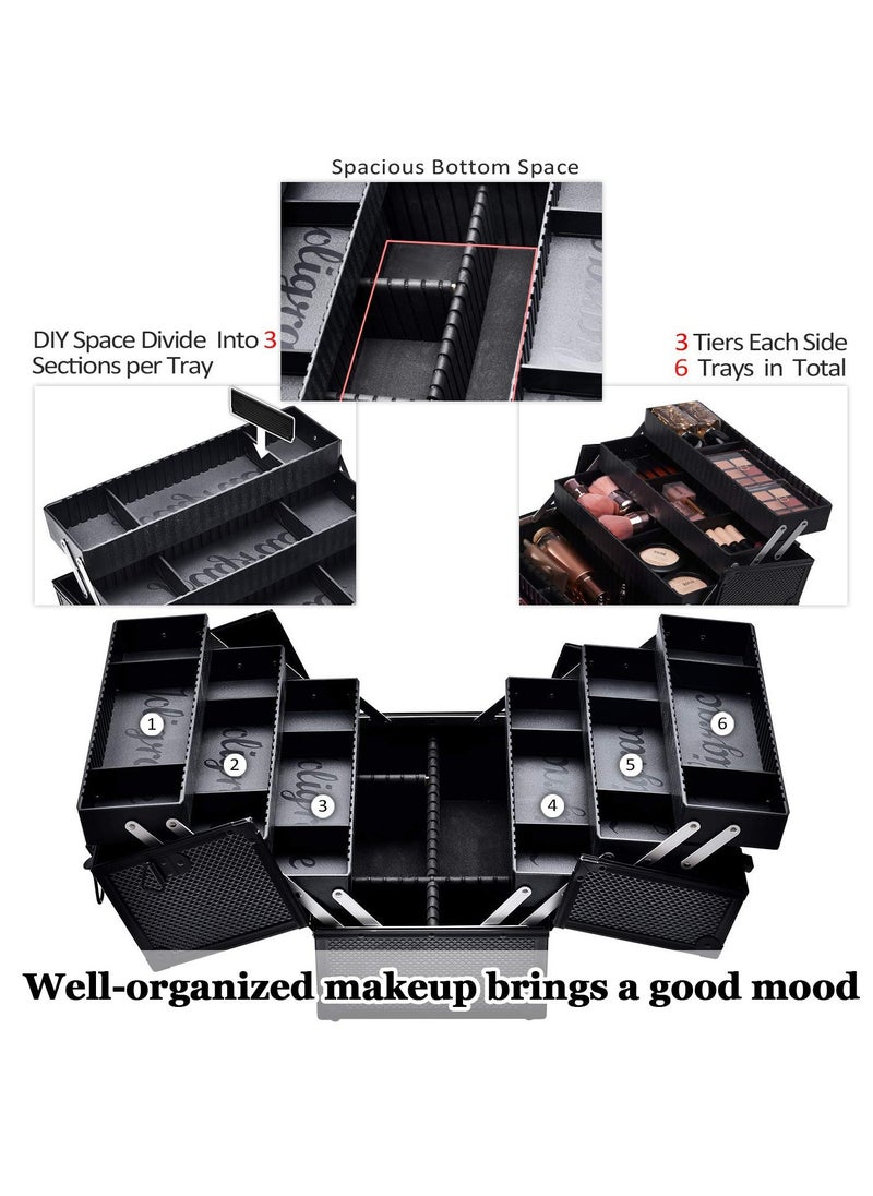 Joligrace Makeup Train Case Professional Adjustable - 6 Trays Cosmetic Cases Makeup Storage Organizer Box with Lock and Compartments 14 Inch Large Black