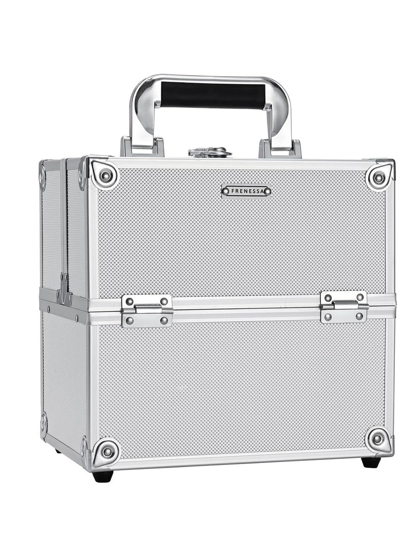 Professional Makeup Train Case Aluminum Makeup Box 4-Tier Trays Crafters Train Case Jewelry Storage Organizer with Lockable Portable Travel Makeup Storage Box for Women and Girls (Bright Silver)