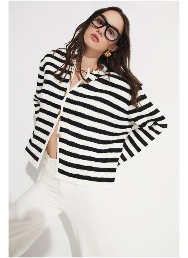 June Striped Button Detailed Padded Knitwear Cardigan Black - White