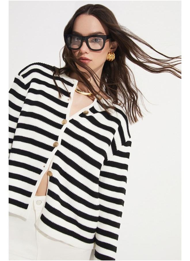 June Striped Button Detailed Padded Knitwear Cardigan Black - White