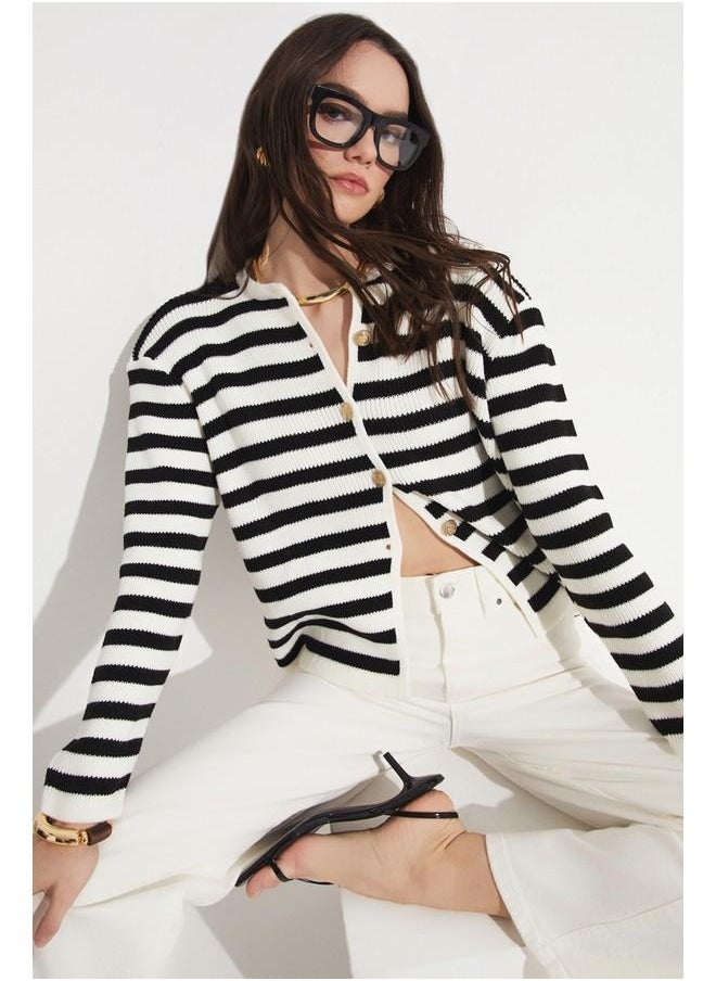 June Striped Button Detailed Padded Knitwear Cardigan Black - White