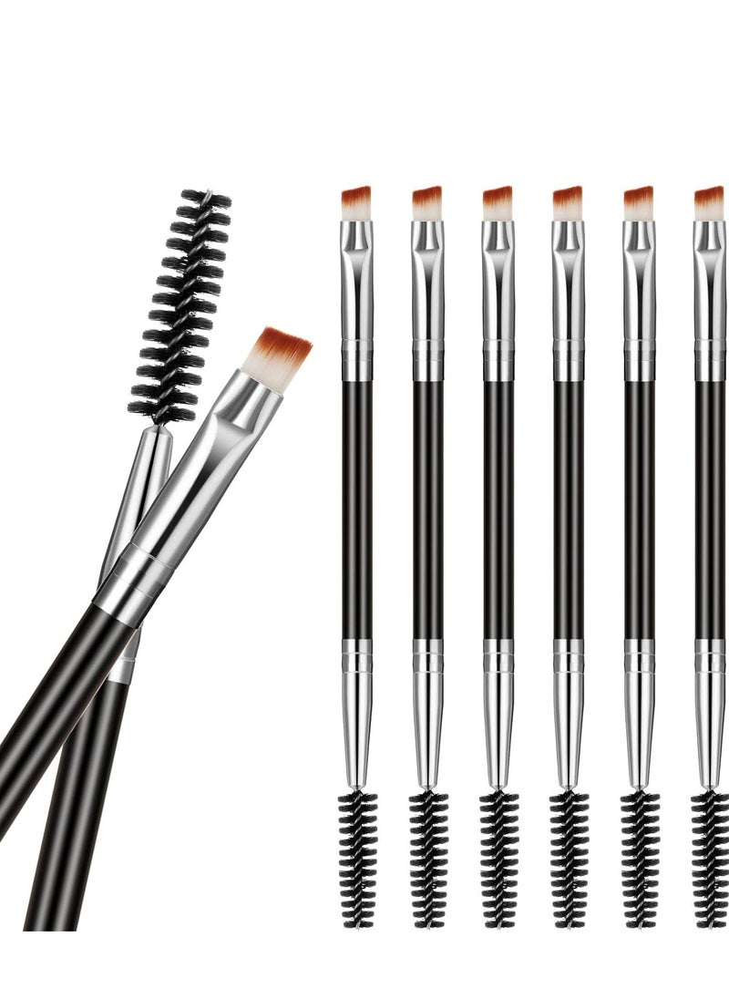 6 Pieces Duo Eyebrow Brush Angled Eye Brow Brush and Spoolie Brush Mini Eyelash Brush for Tinting Angled Eyebrow, Fit for Gel and Cream (Silver)